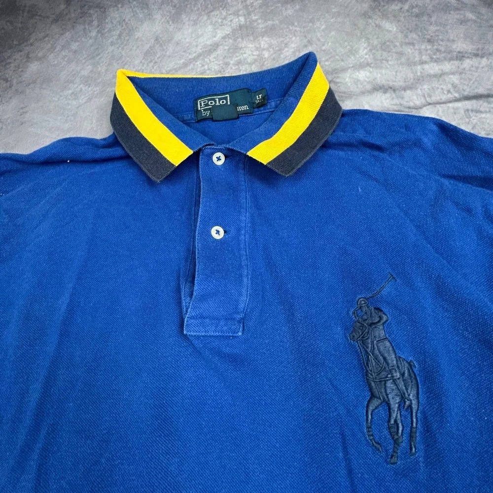 Polo Ralph Lauren Big Pony Polo Shirt Blue Yellow Tipped Collar Mens LT Y2K 90s
